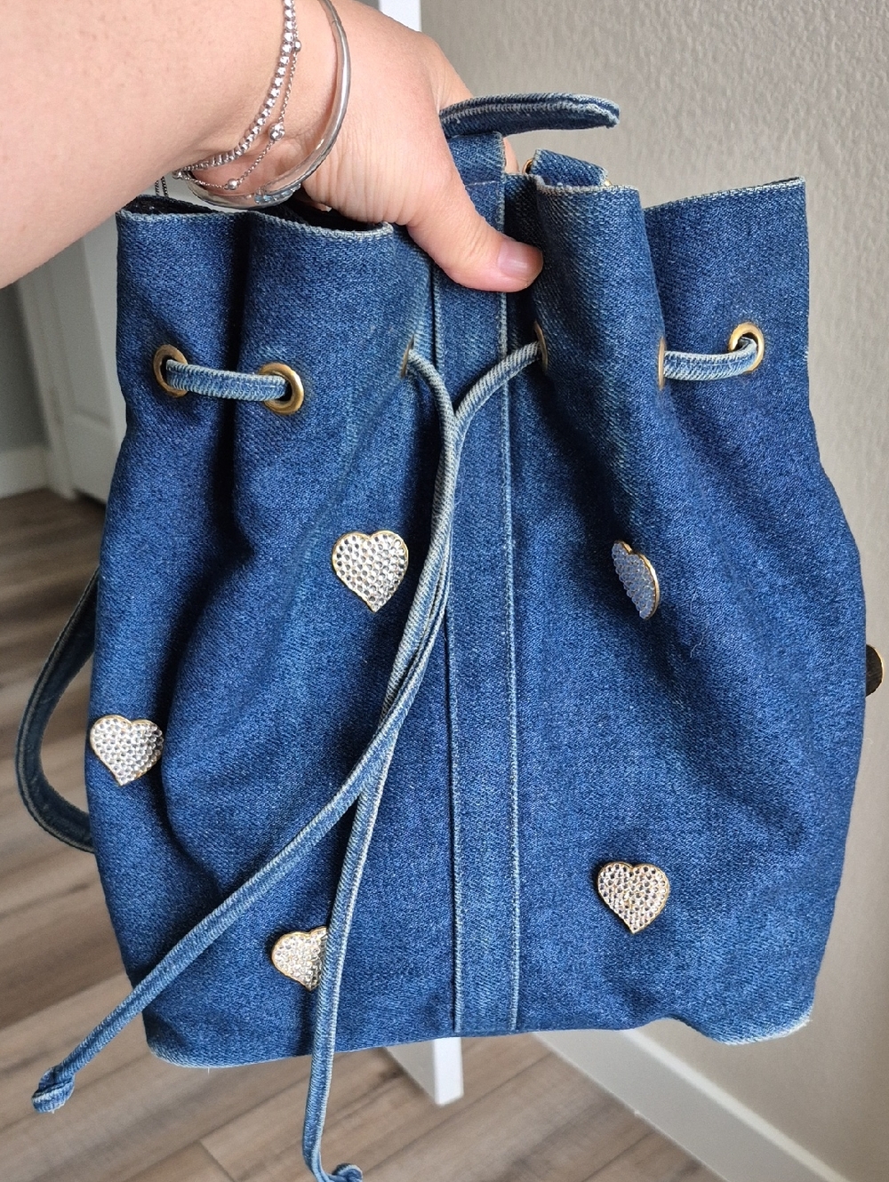 Sepcoeur Paris Denim Bucket Drawstring Bucket Bag with Heart Studs - Blue - Picture 13 of 15